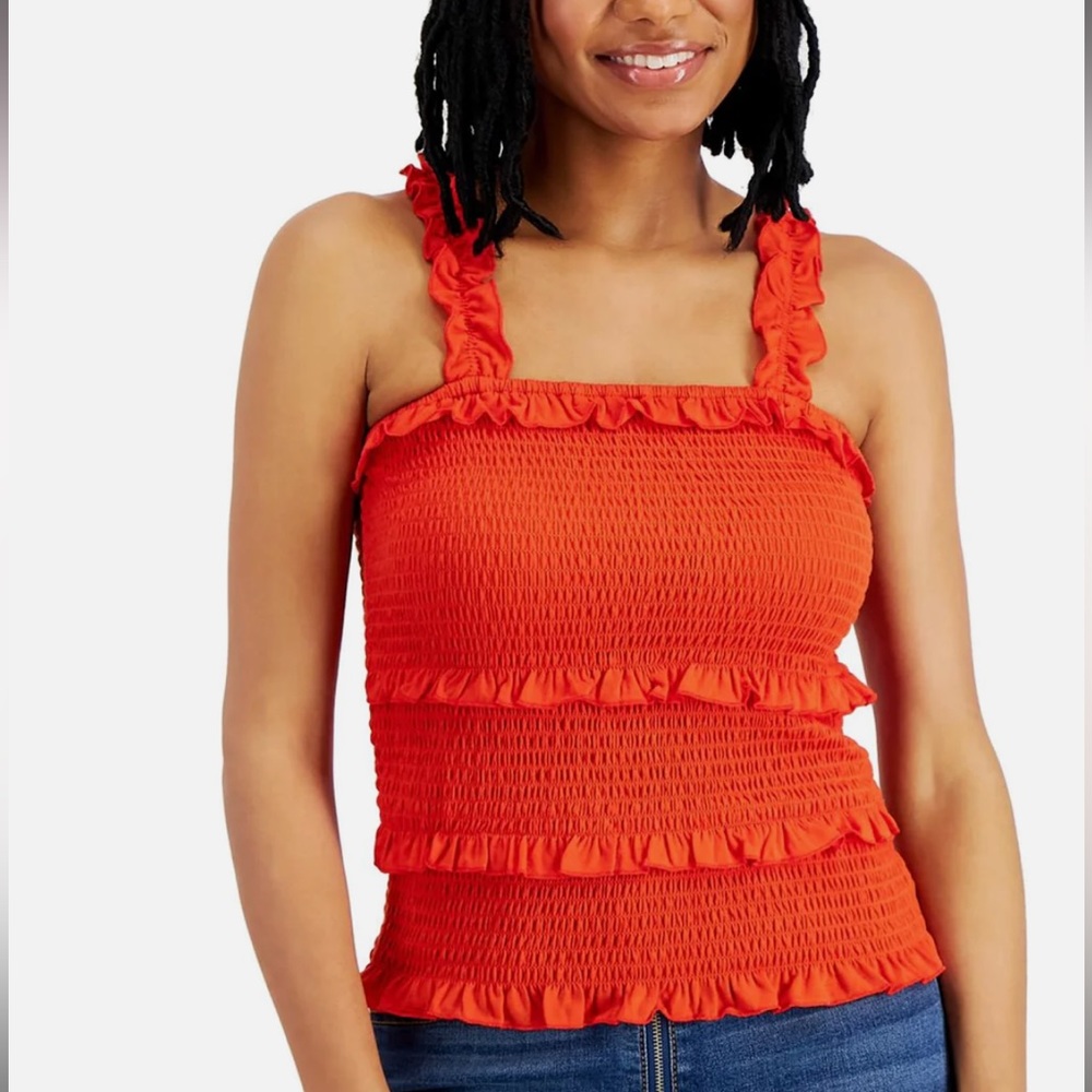 Crave Fame Red Womens Smocked Ruffled Tank Top